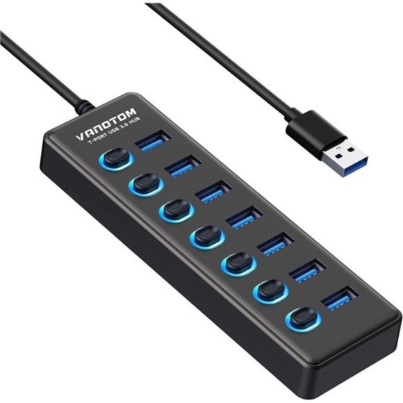 USB 3.0 Hub, 7-Port USB Hub Splitter with LED, 3ft Extended Long Cable - Picture 1 of 7